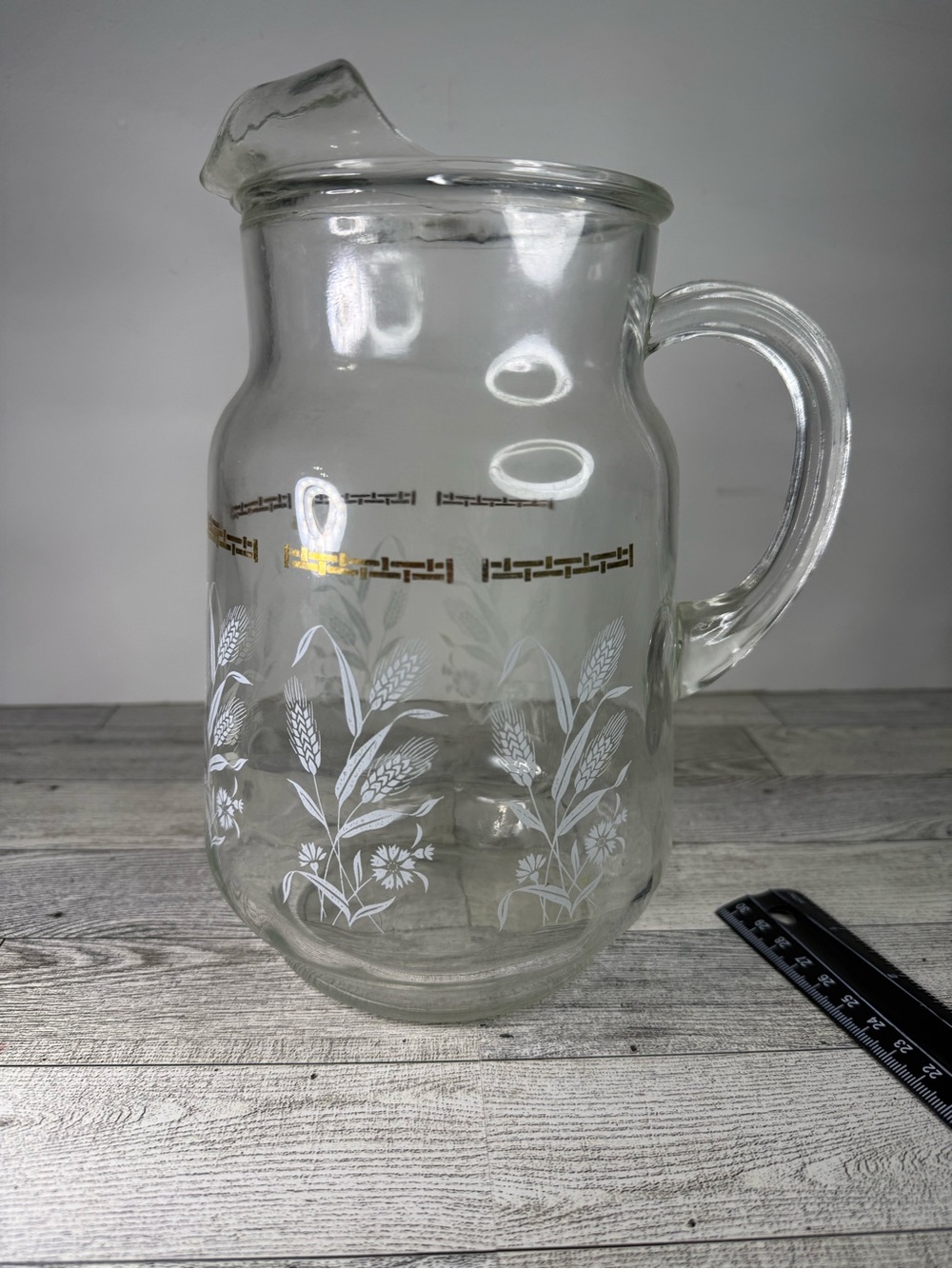 vintage Hazel-Atlas glass pitcher with "White Wheat" pattern